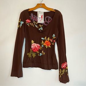 Johnny Was Brand New Brown Floral Beautiful Embroidered Long Sleeve Shirt Size S